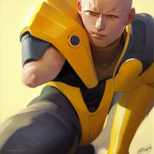 Image similar to Greg Manchess portrait painting of Saitama as Overwatch character, medium shot, asymmetrical, profile picture, Organic Painting, sunny day, Matte Painting, bold shapes, hard edges, street art, trending on artstation, by Huang Guangjian and Gil Elvgren and Sachin Teng