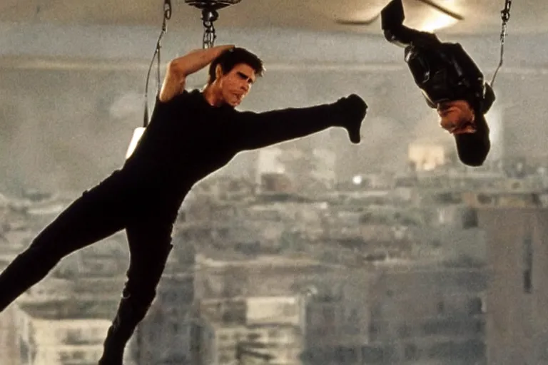 Prompt: Tom Cruise suspended from the ceiling in Mission Impossible