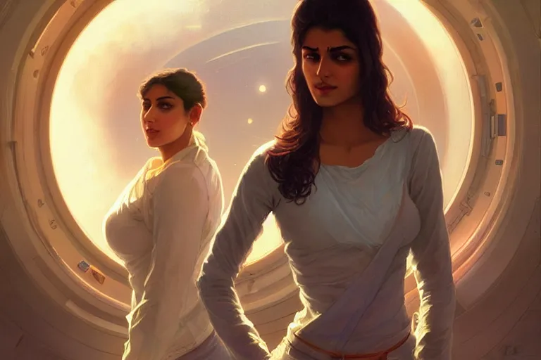 Image similar to Sensuous good looking pale young Indian doctors wearing jeans in a space station above Earth, portrait, elegant, intricate, digital painting, artstation, concept art, smooth, sharp focus, illustration, art by artgerm and greg rutkowski and alphonse mucha