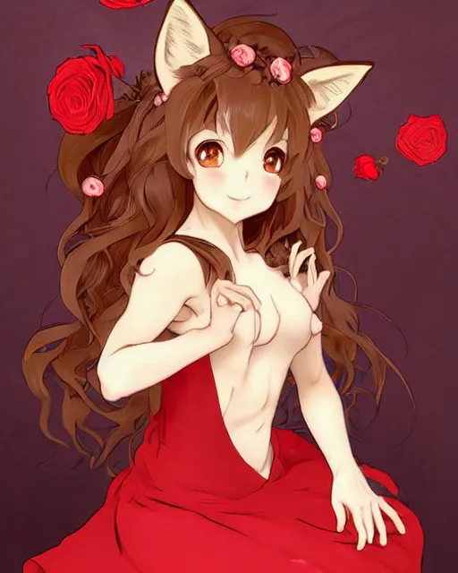 Prompt: A cute frontal fullbody painting of a beautiful anime skinny foxgirl with curly brown colored hair and fox ears on top of her head wearing a cute red dress with rose symbolic sitting on the stone looking at the viewer, elegant, delicate, soft lines, higly detailed, smooth , pixiv art, cgsociety, artgem, art by Gil Elvgren alphonse mucha, high quality, digital illustration, concept art