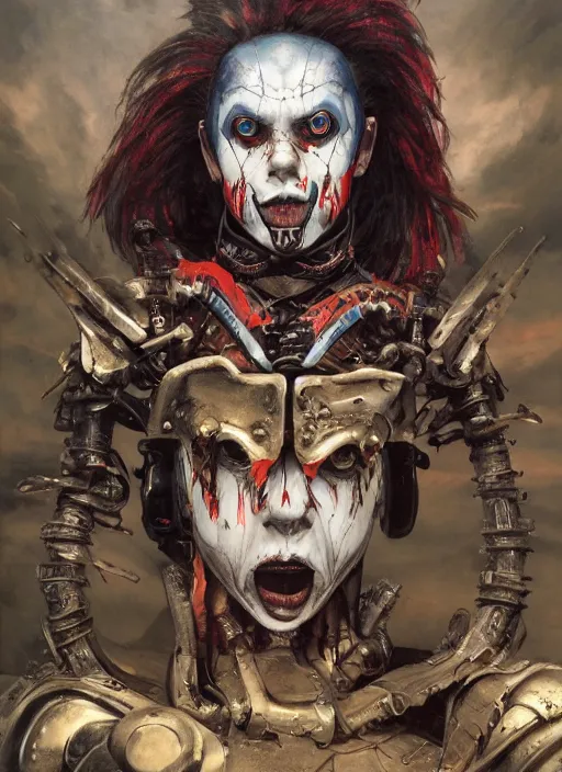 Image similar to portrait of a diabolical cyborg clown samurai girl, torn cape, adaptive armor, dynamic pose, heavy eyes to the side, ancient ruins, glowing veins subsurface scattering, in clouds, sunset, portrait, by gerald brom, by mikhail vrubel, by peter elson, muted colors, extreme detail, reflections, trending on artstation, 8 k