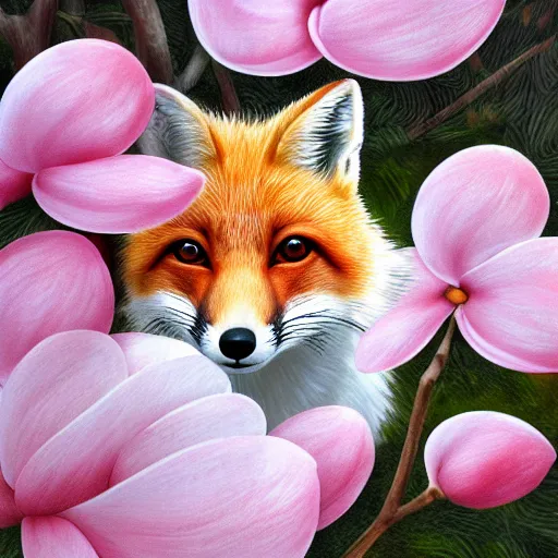 Image similar to small red fox in a forest full of white magnolias, fantasy, photorealistic, highly detailed