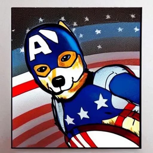 Prompt: corgi dressed as captain america, comic, professional art