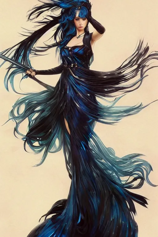 Image similar to fullbody!! dynamic action pose, beautiful woman with blue hair, antlers on her head, long flowing intricate black dress, dnd, face, fantasy, intricate, elegant, highly detailed, digital painting, artstation, concept art, smooth, sharp focus, illustration, art by artgerm and greg rutkowski and alphonse mucha