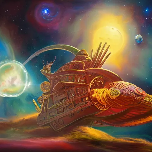 Prompt: painting of ornate space ship, nebulae background, nautilus, shell, space jammers, dust clouds, art deco, d & d, dust, sun, 4 0 k warhammer, shrimp, prawn