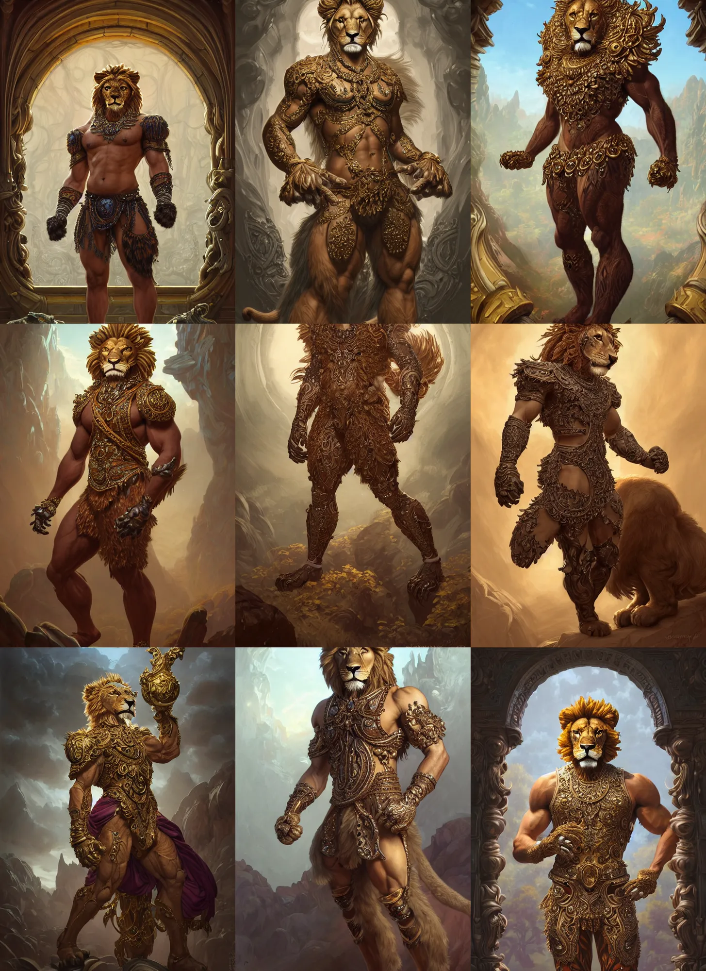 Prompt: full body photograph of a muscular male anthropomorphic lion man fursona wearing an ornate ballgown, deep focus, intricate, elegant, highly detailed, digital painting, artstation, concept art, matte, sharp focus, illustration, d & d, fantasy, hearthstone, art by artgerm and greg rutkowski and alphonse mucha