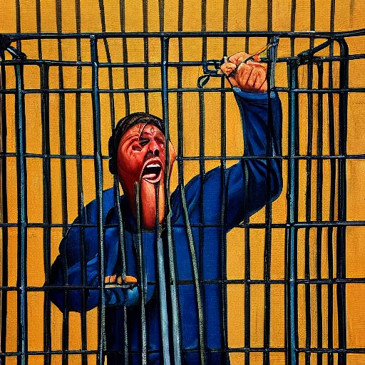 Image similar to a screaming prisoner holding prison bars, realism old painting, oil painting