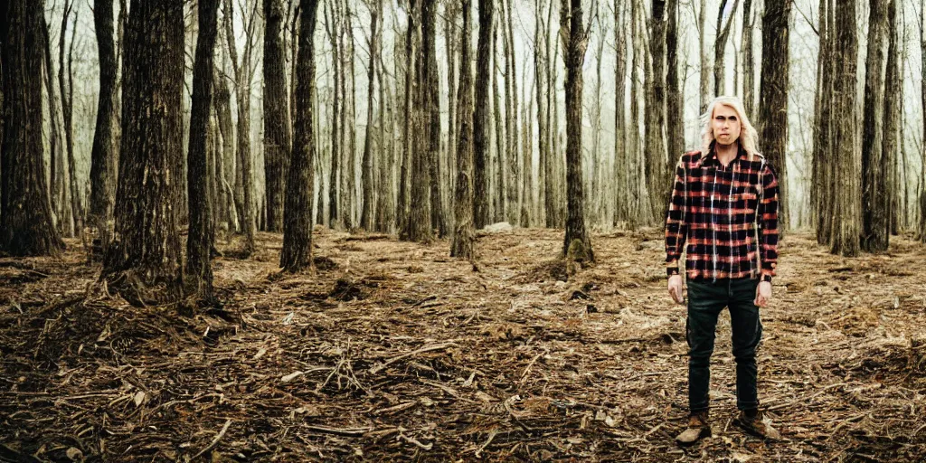 Image similar to tall!!! (((blond))) man wearing a flannel shirt in a forest, long wavy hair, long blond hair, blond, forest, trees, flannel shirt, lumbarjack, photo, low angle photo,