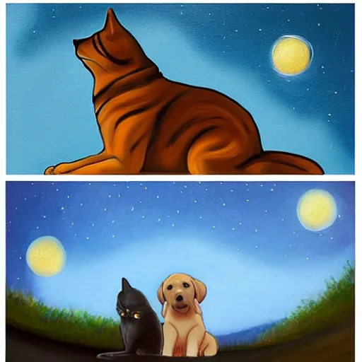 Image similar to A painting of a dog and a cat staring up at the night sky from https://www.artstation.com/smartist