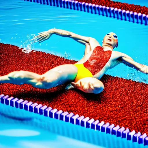 Image similar to uhd photo of olympian swimming in a pool of rusty nails, uhd hyperdetailed photography