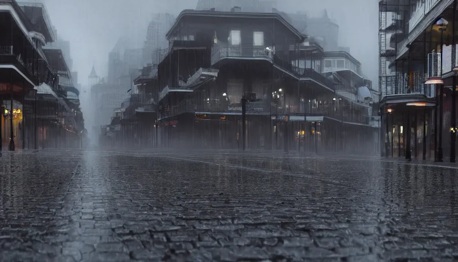 Prompt: empty bourbon street, rainy morning, wet ground, grey sky, hyperdetailed, artstation, cgsociety, 8 k