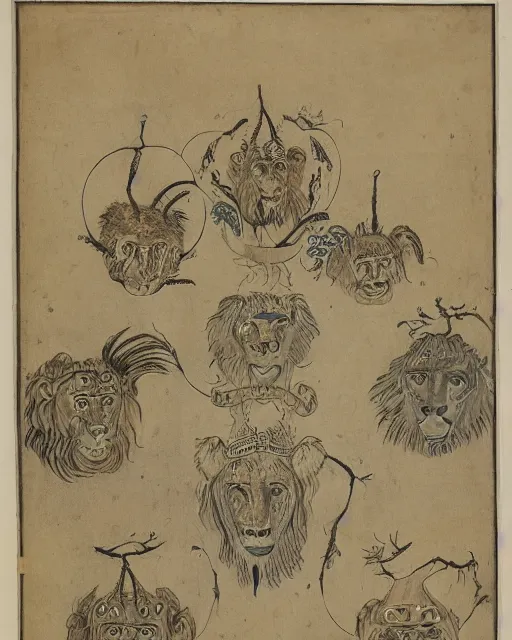 Image similar to zmei gorynich with four heads. one human head, second eagle head, third lion head, fourth ox head. drawn