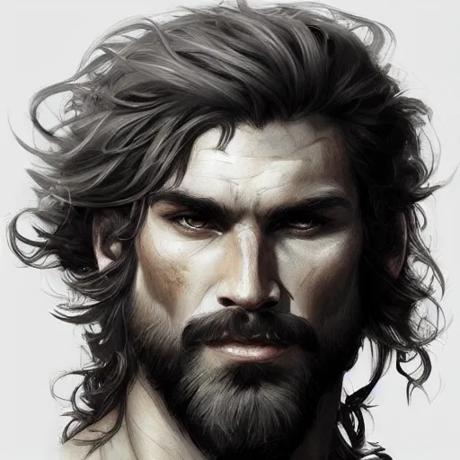 Image similar to portrait of a young rugged male barbarian, handsome, upper body, hairy torso!!!, D&D, muscular, fantasy, intricate, elegant, highly detailed, digital painting, artstation, concept art, smooth, sharp focus, illustration, art by artgerm and greg rutkowski and alphonse mucha