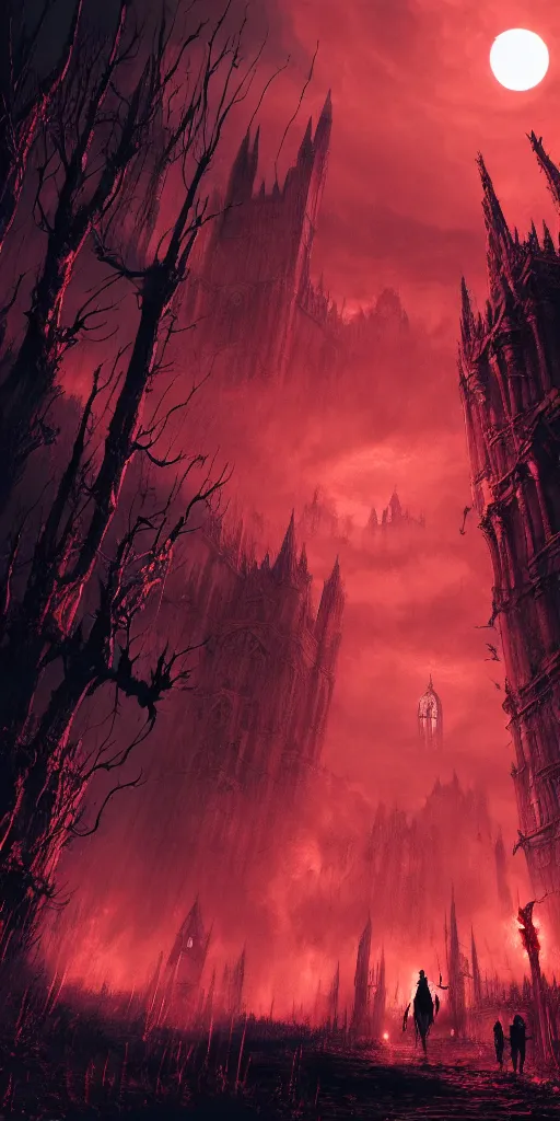 Image similar to populated bloodborne old valley with a obscure person at the centre and a ruined gothic city in the background, trees and stars in the background, falling red petals, epic red - orange moonlight, perfect lightning, wallpaper illustration by niko delort and kentaro miura, 4 k, ultra realistic