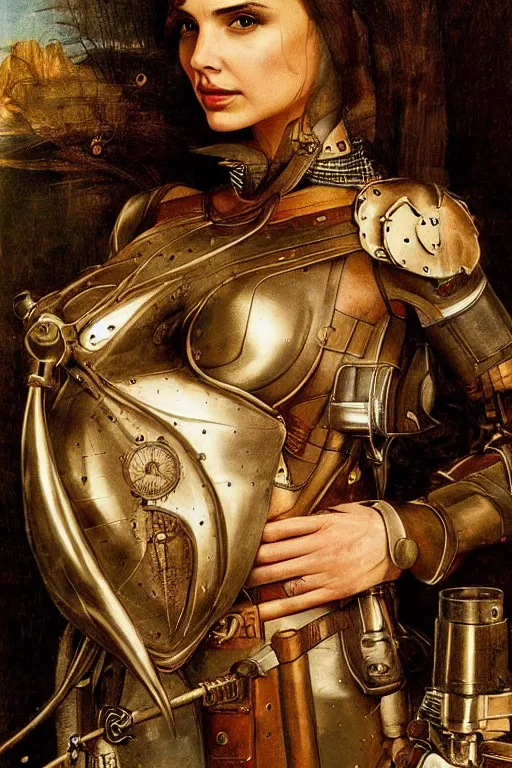 Image similar to highly detailed steampunk gal gadot, hieronymus bosch, leonardo da vinci