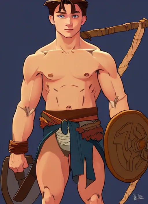 Image similar to cute muscular tom holland wearing barbarian tunic, natural lighting, path traced, highly detailed, high quality, digital painting, by don bluth and ross tran and studio ghibli and alphonse mucha, artgerm