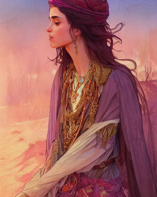 Image similar to bedouin in the desert, highly detailed, gold filigree, romantic storybook fantasy, soft cinematic lighting, award, disney concept art watercolor illustration by mandy jurgens and alphonse mucha and alena aenami, pastel color palette, featured on artstation