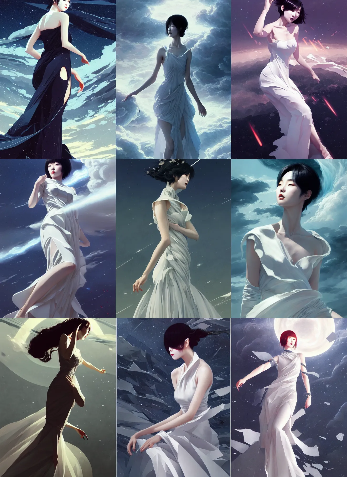 Prompt: hoyeon jung in luxurious celestial dress descending from a chaotic destructive tornado, sharp edges. ultra detailed, majestic, intricate, seductive, by android james, ruan jia, ilya kuvshinov, martine johanna, jakub rebelka