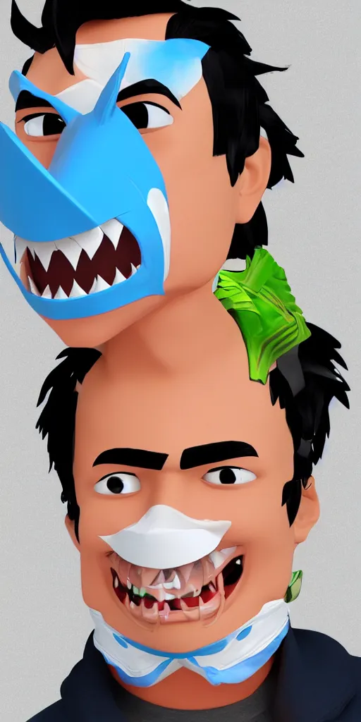 Prompt: 'cartoon concept character in 3d, a young Hispanic guy wearing a cartoon shark cloth facemask'