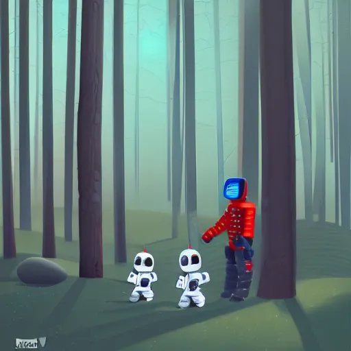 Prompt: Little boy being protected by robot, ASIMO robot and boy, digital art, night time, forest