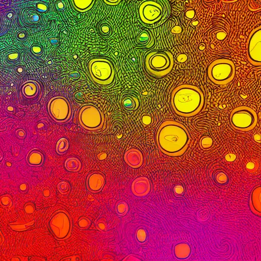 Image similar to creative coding digital illustration of multiple brightly coloured wobbly blobs, as they overlap their colours blend irradiating the colours in all directions, grainy texture