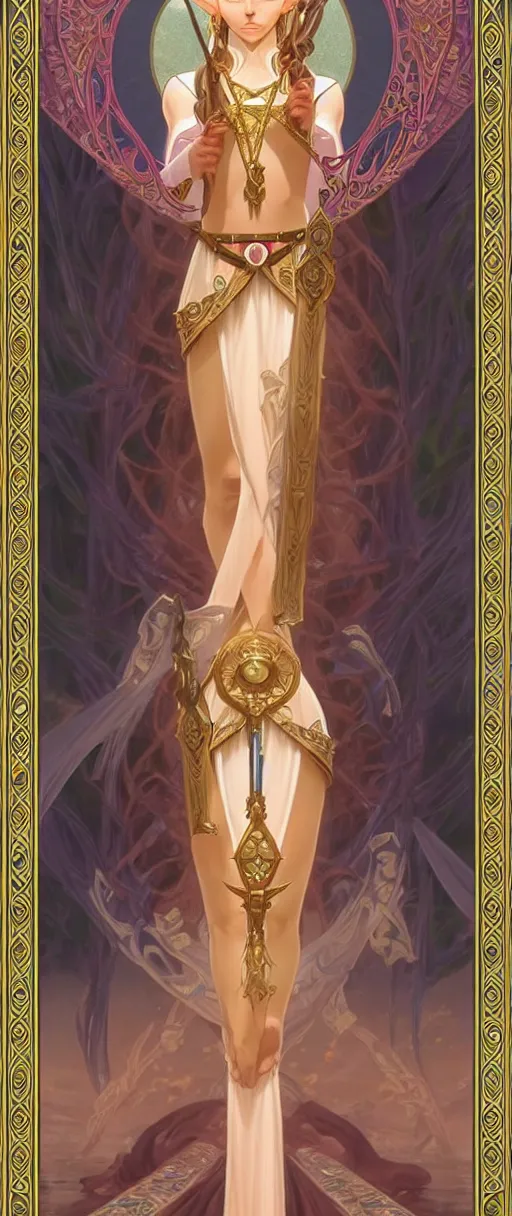 Image similar to perfectly detailed princess zelda esoteric tarot card!! blessed by nature with ever - increasing physical mental perfection, symmetrical! intricate, sensual features, highly detailed, biblical divine holy perfection!! digital painting, artstation, concept art, smooth, sharp focus, illustration, art by artgerm and greg rutkowski and alphonse mucha