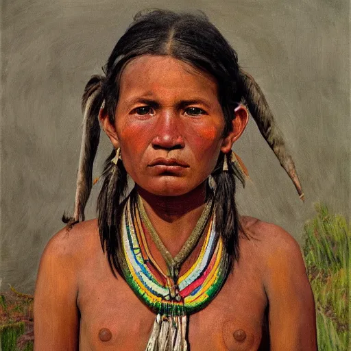 Image similar to high quality high detail painting by lucian freud, hd, portrait of a indigenous tribe girl, photorealistic lighting