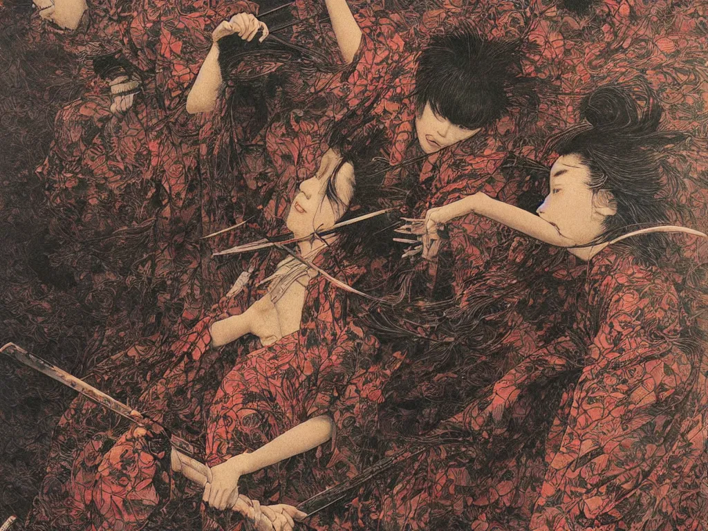 Image similar to Japanese schoolgirl runs away from Samurai with a katana on the subway, high detailed Beksinski painting, part by Adrian Ghenie and Gerhard Richter. art by Takato Yamamoto. masterpiece