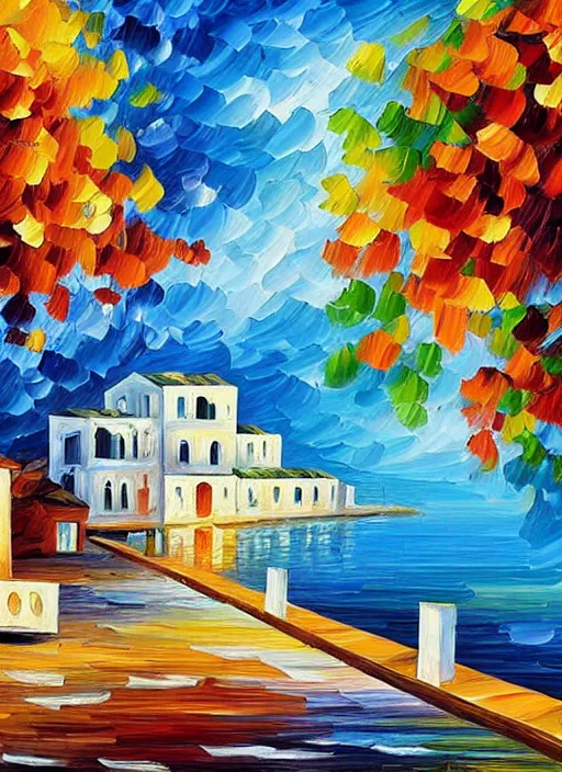 Image similar to beautiful seaside greek village in the style of leonid afremov