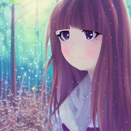 Prompt: photo of an adorable anime girl with long brown hair, looking partly to the left, blue shining eyes, light makeup, light pink lipstick, bokeh forest background, 4k, highly detailed, cel-shaded, anime art style, cartoon