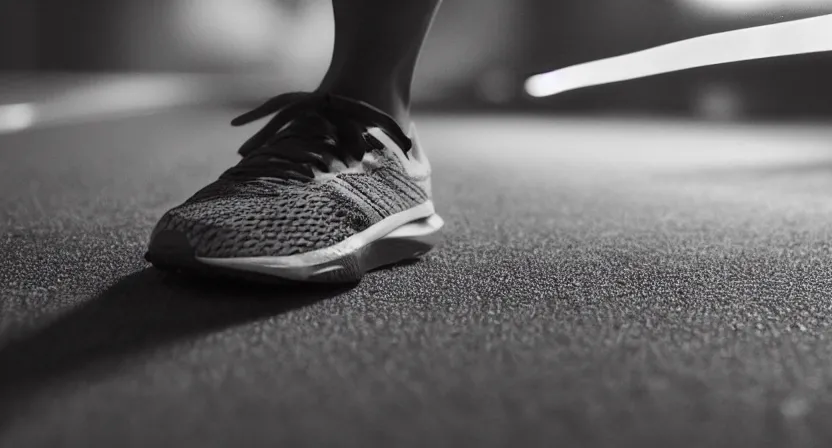 Prompt: close up on worn out running shoes running on a treadmill. cinematic lighting. dark. moody. octane render. subdued grey tones.