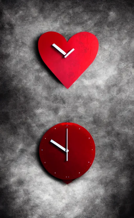 Image similar to a melting Roman numeral clock, behind a red and black gradient background, awith a black heart shaped on the top left corner and a black diamond card shape in the bottom right corner, dynamic lighting, photorealistic fantasy concept art, trending on art station, stunning visuals, cinematic, creative, ultra detailed