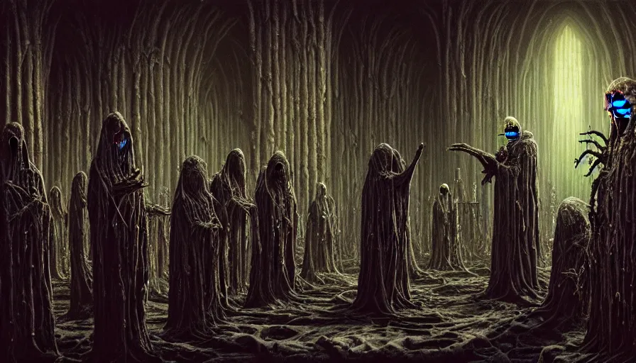 Image similar to a dark rotting alien priest conducts a ceremony, alien church, blood, crosses, religion, death, fear, horror, ultra realistic, hyperrealism, fine details, detailed and intricate environment, by barlowe, by wayne, by gigger, 4 k