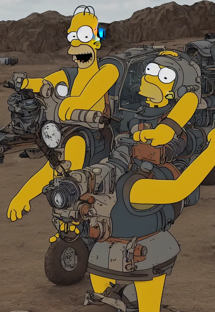 Image similar to Homer Simpson in Fury Road Road Warrior movie, borderlands 4k render