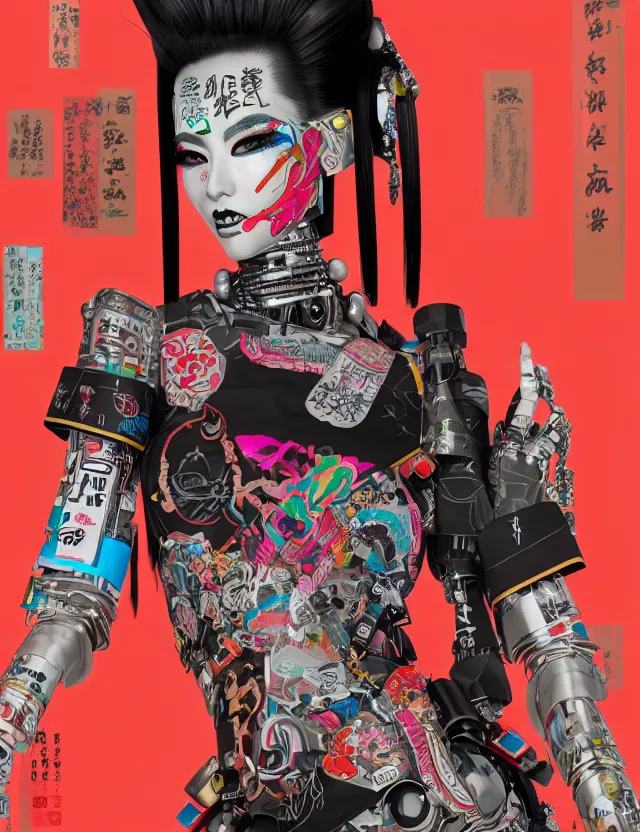 Prompt: full body portrait of a maximalist style punk geisha robot with kanji tattoos and decals wearing a digital pixelated kimono, intricate design, photo - realistic, octane render, ultra fine detailed, character design, trending on artstation