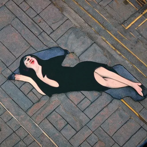 Image similar to subdued aerial view by edvard munch. a street art of a woman reclining on a bed.