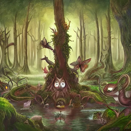 Image similar to painting of the beings of the forest, fantasy, surreal, very detailed, 8k