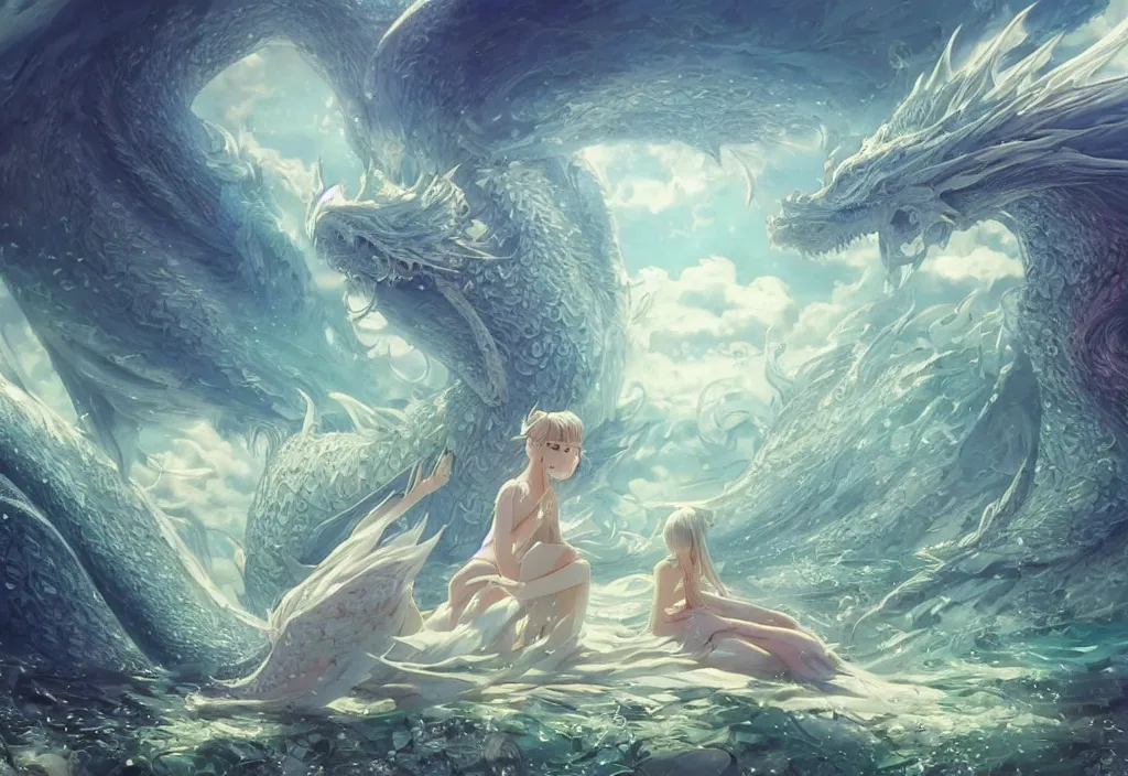 Image similar to the beautiful hyper detailed scene render that a lonely single beautiful girl lies in the arms of a huge silver dragon alone in the fairyland surrounded by white clouds, in the style of makoto shinkai victo ngai and peter mohrbacher studio ghibli artgerm karol bak beeple, cinematic, beautiful dream, ultra wide angle, animation style, 8 k hd