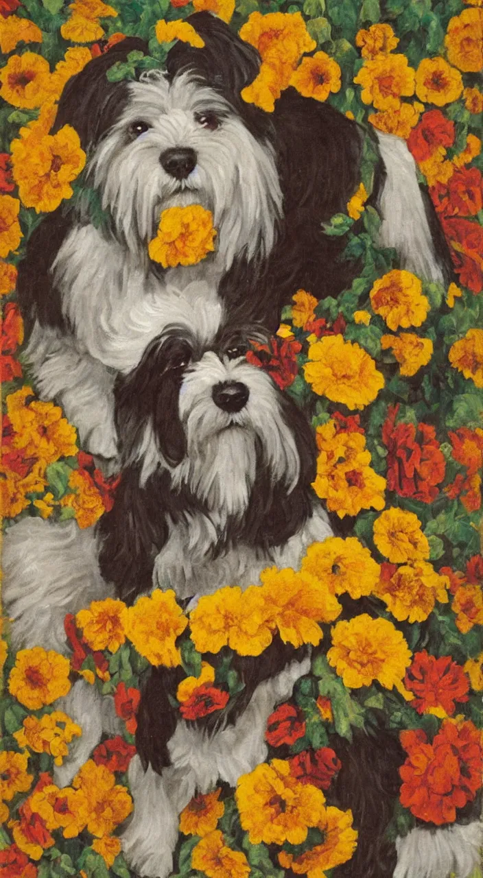 Image similar to portrait of a cream colored havanese dog dressed as an aztec, with a bouquet of marigolds, mexico, painting by diego rivera realism aztec modernism 1 9 3 5