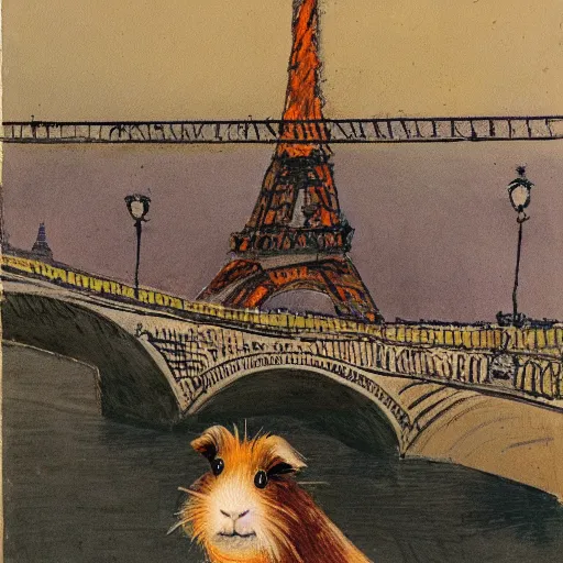 Prompt: A guinea pig in Paris at night, eiffel tower visible in the background, bridge across Seine visible in background, in the style of Carl Larsson