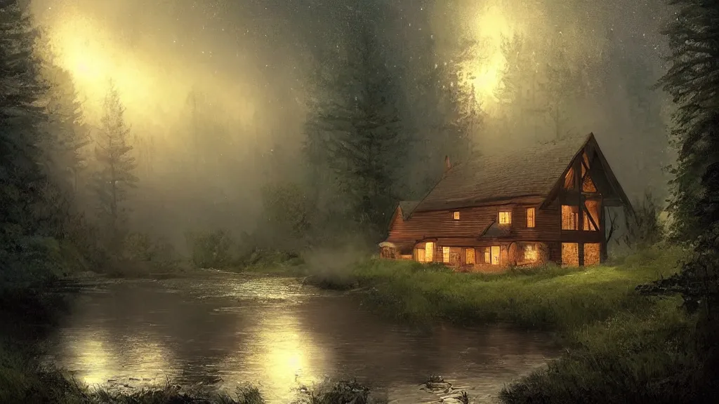 Prompt: small wooden cottage in the forest at night, smoke coming out of the chimney, nocturnal, redwood trees, peaceful, river running past the cottage, a wooden rowing boat, galaxy in the night sky, by charlie bowater, by greg rutkowski