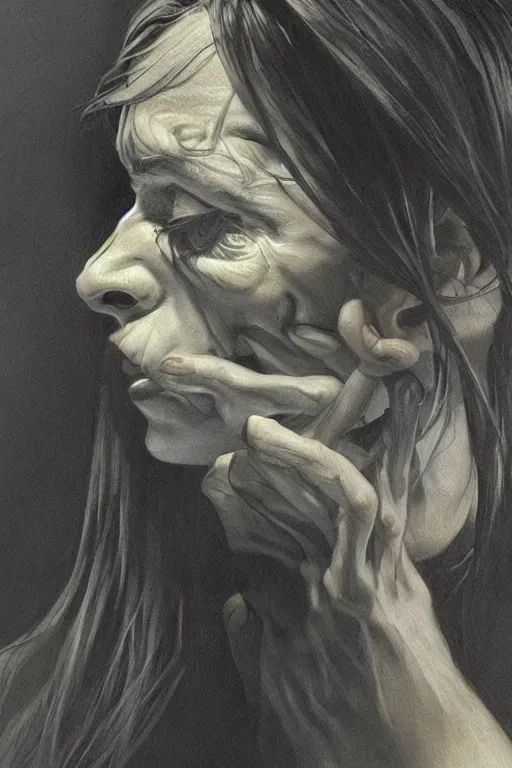 Image similar to beautiful clean acrylic painting of haunting, scary, portrait study by bernie wrightson, detailed, stunning, realistic