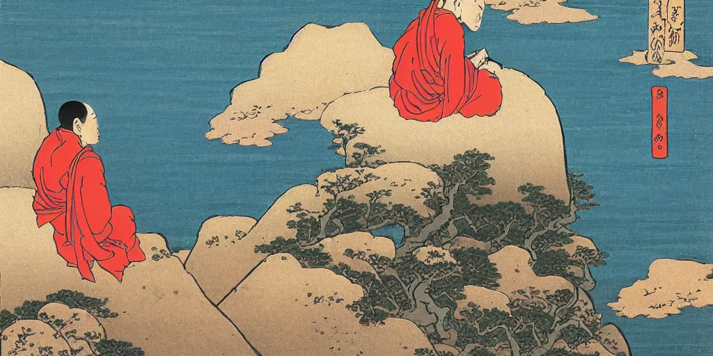 Prompt: a monk sits alone on the cliff ledge in the lotus position looking out onto a vast ocean, by Katsushika Hokusai