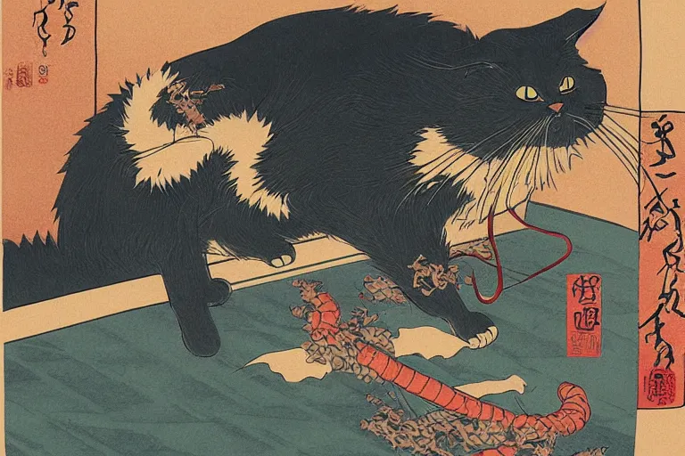 Image similar to cat attacking Tokyo, ukiyo-e print, masterpiece, masterwork, artstation