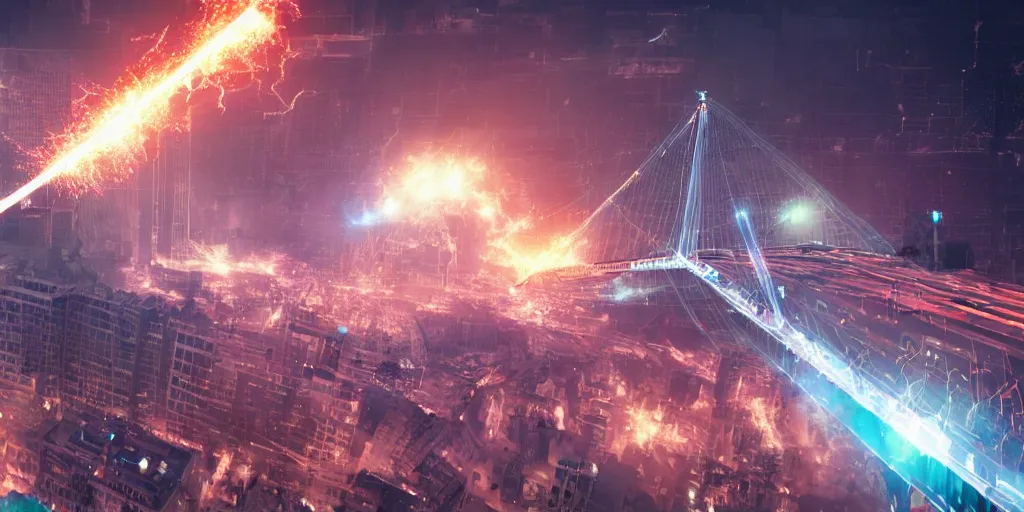 Prompt: gigantic morgan freeman doing a bridge handstand while destroying a city with lasers in his eyes, night, realism, 4 k, octane render, award winning photograph