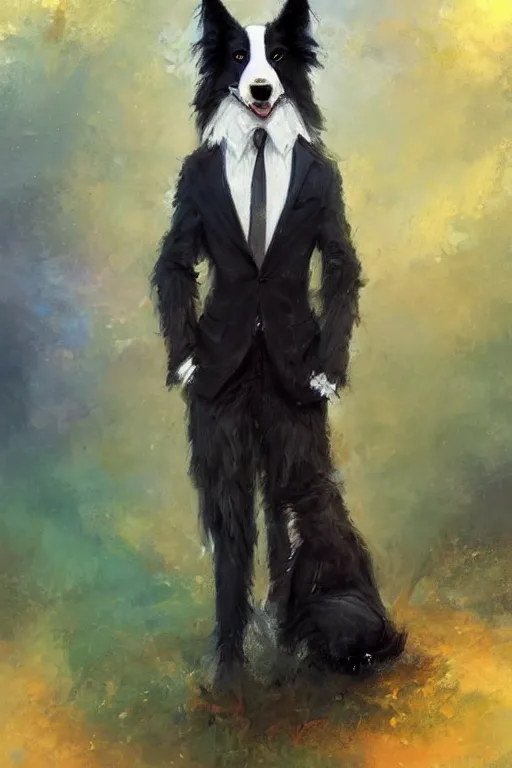 Prompt: portrait of a cute male anthropomorphic border collie fursona wearing a suit. by henry asencio, jon foster, and ross tran. scenic background, highly detailed, concept art, furry, glamor pose, elegant, aesthetic, beautiful, trending on artstation, top rated on furaffinity and deviantart