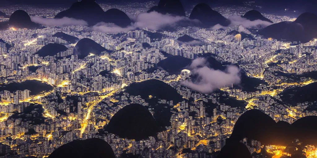 Prompt: pao de acucar in rio de janeiro brazil, trending on artstation, aerial photo, digital art, distant mountain, fog, city lights, low dof, professional photography