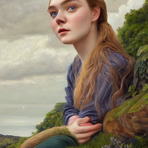 Prompt: professional painting of Elle Fanning in the style of Marianne North, head and shoulders portrait, symmetrical facial features, smooth, sharp focus, illustration, intricate, stormy weather, extremely detailed masterpiece,