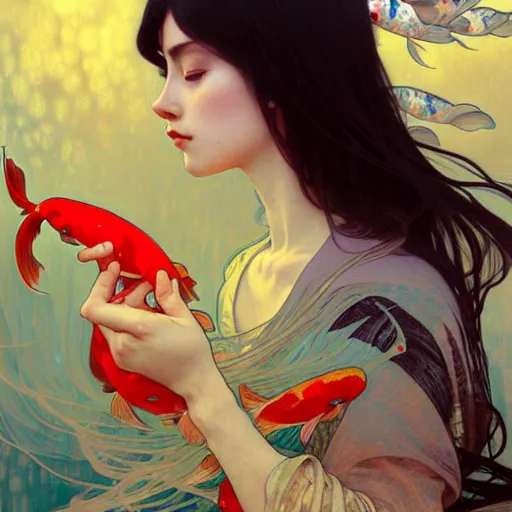 Image similar to Portrait of a girl surrounded by Koi fish, face, fantasy, intricate, elegant, highly detailed, digital painting, artstation, concept art, smooth, sharp focus, illustration, art by Loish and Artem Demura and alphonse mucha