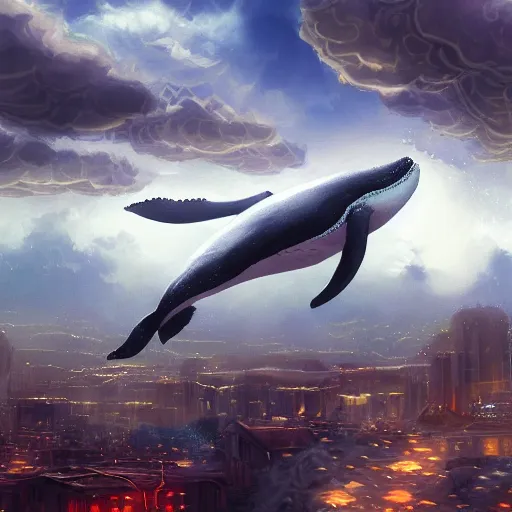 Image similar to A huge whale flying in the clouds above a steampunk mega city, golden lighting, artstation, realistic digital painting